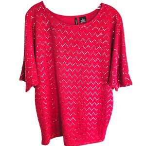 New Directions Women's Top Medium M Red Sequin Misses Size 8 10 Shirt Blouse